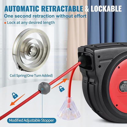 VEVOR 75FT Retractable Extension Cord Reel, 14AWG/3C SJTOW Heavy Duty Power - Image 5