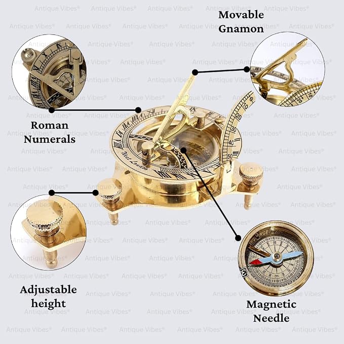 Vintage Brass Sundial Compass, Antique Style Maritime Navigation Instrument - Image 2