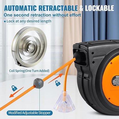 VEVOR Retractable Extension Cord Reel, 75 FT, Heavy Duty 14AWG/3C SJTOW - Image 5