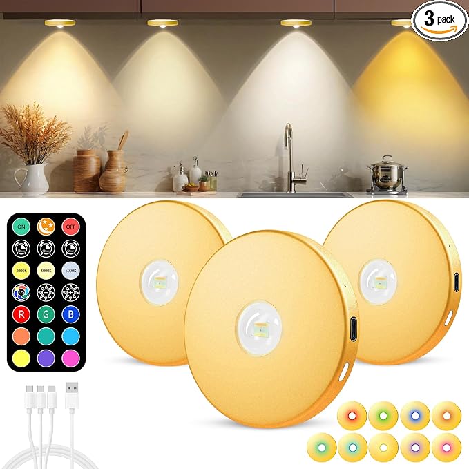 LED Puck Lights with Remote, 2000mAH Battery Operated, Rechargeable Shelf Light by WTXPZM