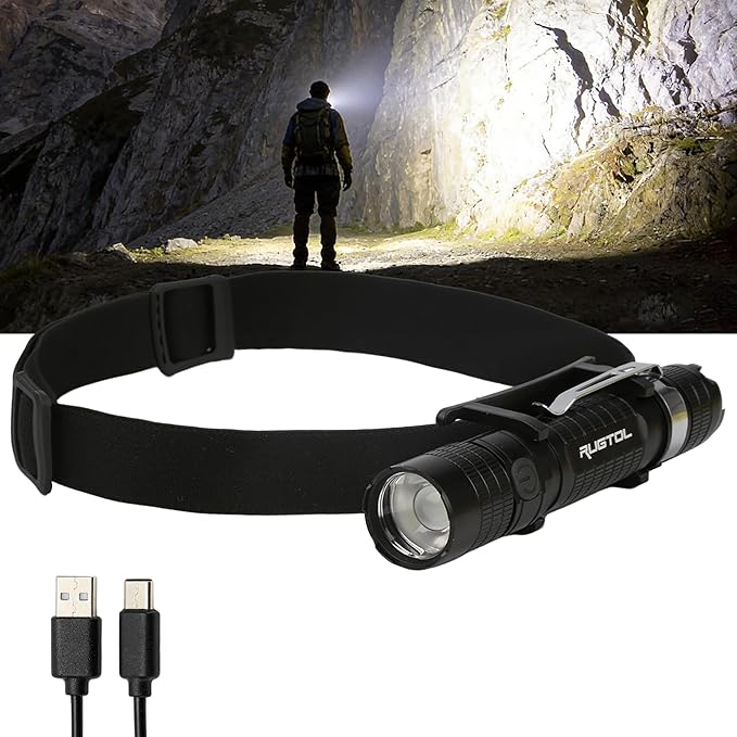 Rugtol Headlamp, USB C Rechargeable Battery Powered Head Lamp LED Flashlight by Rugtol