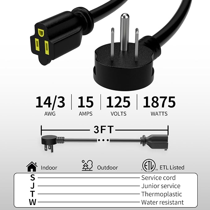 Vockjour 3 FT Black Low Profile Flat Plug 14 Gauge Heavy Duty Extension Cord - Image 2