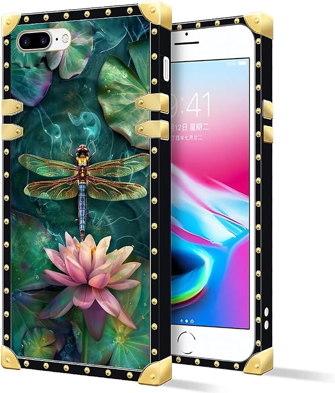 Compatible with iPhone 8 Plus 7 Plus Case, Colourful Dragonfly Pink Lily Pads - Image 2