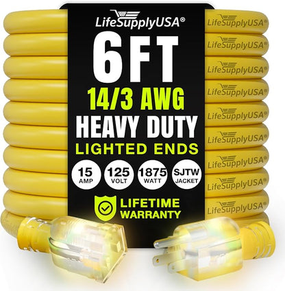 6ft Outdoor/Indoor Extension Cord 14/3 Gauge Heavy Duty 3 Prong SJTW, Waterproof by LifeSupplyUSA