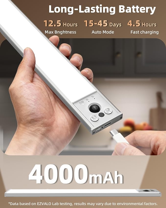 EZVALO 16.5-inch Under Cabinet Lighting, 4000mAh Rechargeable Motion Sensor - Image 4