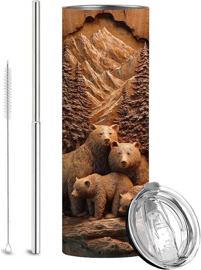 Firmiso 20 oz Tumbler｜Skinny Insulated Travel Mug｜Bear Family Mountain Forest by Firmiso