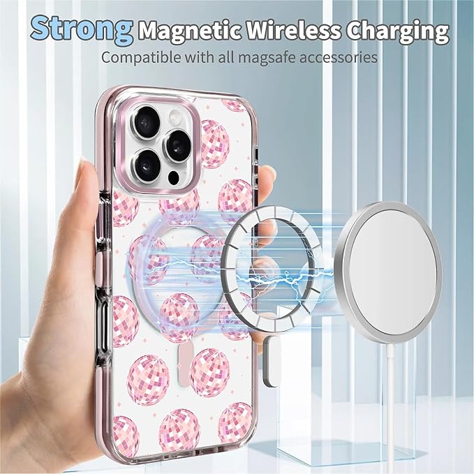Case for iPhone 16 Pro, Disco Balls Pink Phone Case Design，for Women Girls - Image 4