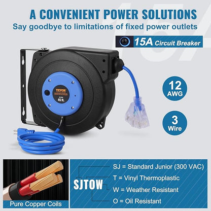 VEVOR Retractable Extension Cord Reel, 45 FT, Heavy Duty 12AWG/3C SJTOW - Image 4