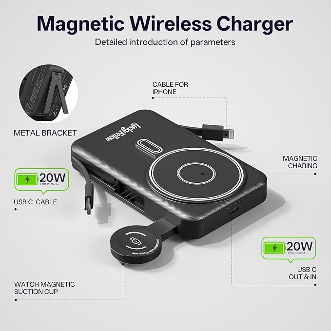 Magnetic Portable Charger Built-in Cables, 10000mAh Fast Charging Wireless - Image 3