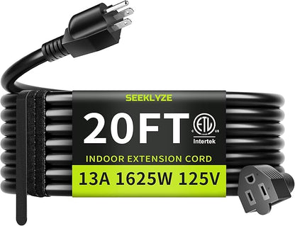 16/3 Black 20 FT Extension Cord, Indoor Extension Cord by Seeklyze