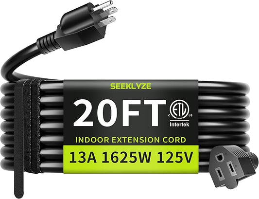 16/3 Black 20 FT Extension Cord, Indoor Extension Cord by Seeklyze