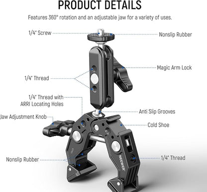 NEEWER Super Clamp with 3" Dual Ballhead Magic Arm, Cold Shoe, 1/4" Threads - Image 2