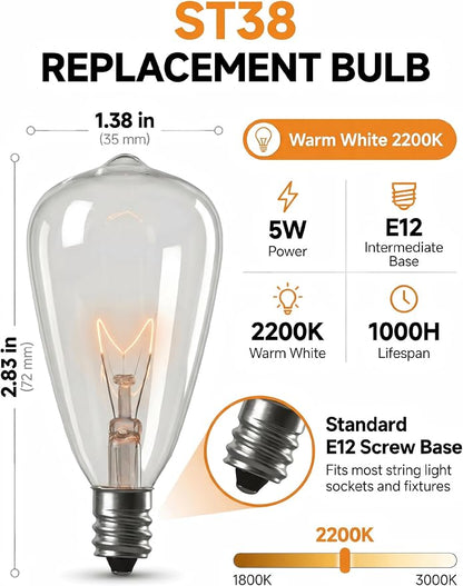 ST38 Edison Replacement Light Bulbs, 7W Clear Glass String Lights - Image 2