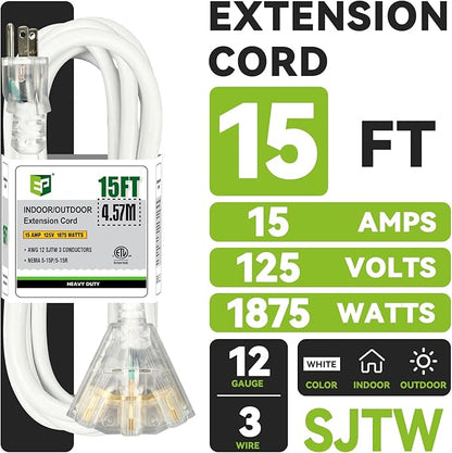 EP 15FT 12 Gauge Heavy Duty Extension Cord, 15A 125V 1875W, 3 Outlet - Image 2