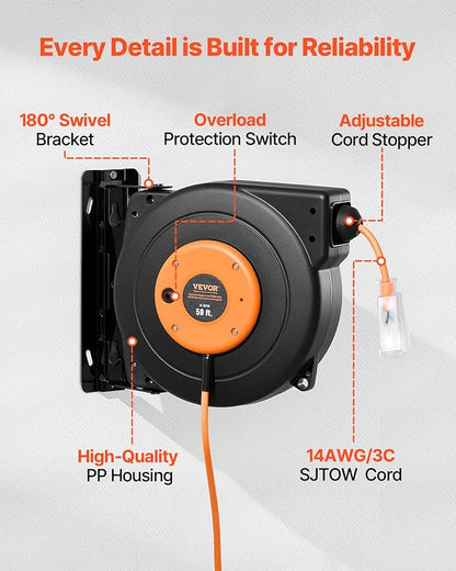 VEVOR Retractable Extension Cord Reel, 50 FT Heavy Duty 14AWG/3C SJTOW Power - Image 3