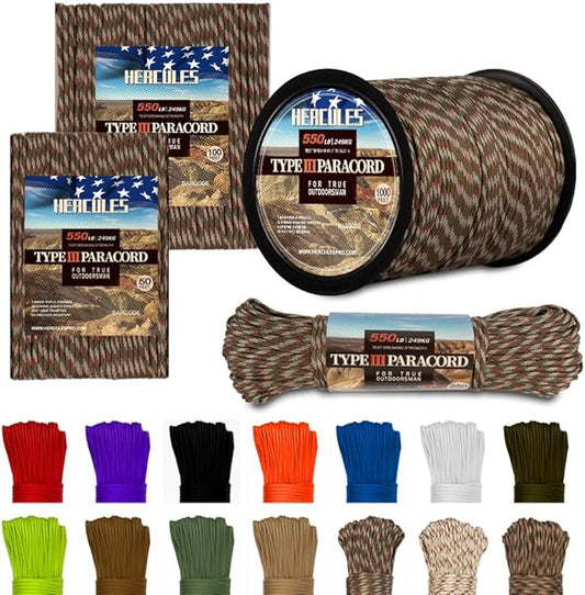 HERCULES Type III Paracord 550 Paracord Rope Parachute Cord, Survival Cord by HERCULES