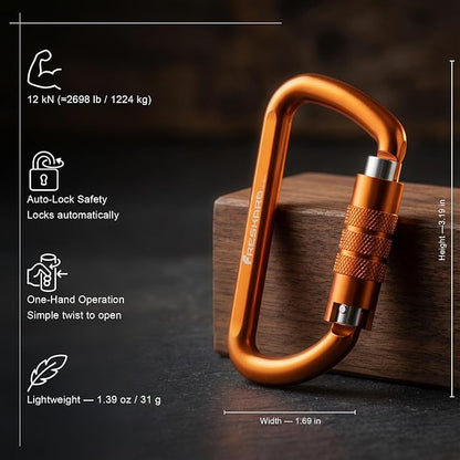 FresKaro 3inch 12kN-2698lbs Auto Locking Carabiner Clips, Solid D Shape - Image 2