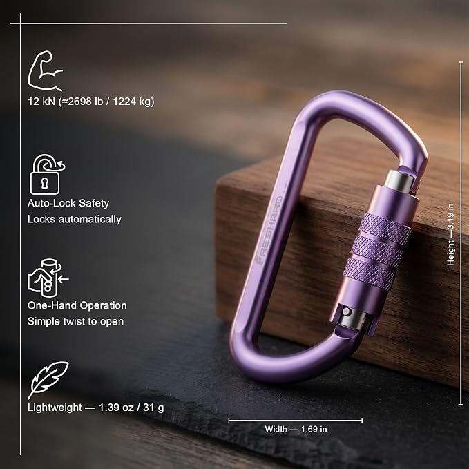 FresKaro 3inch 12kN-2698lbs Auto Locking Carabiner Clips, Solid D Shape - Image 2