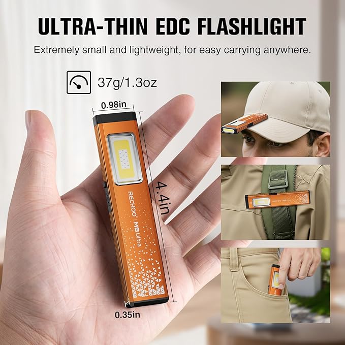 RECHOO Flat EDC Flashlight Rechargeable, 8-Mode Slim Pocket Flashlight - Image 2