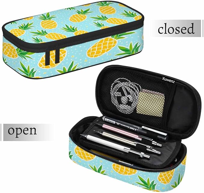 Pineapple Pencil Bag Tropical Fruit Exotic White Polka Dots Yellow Blue Big - Image 7