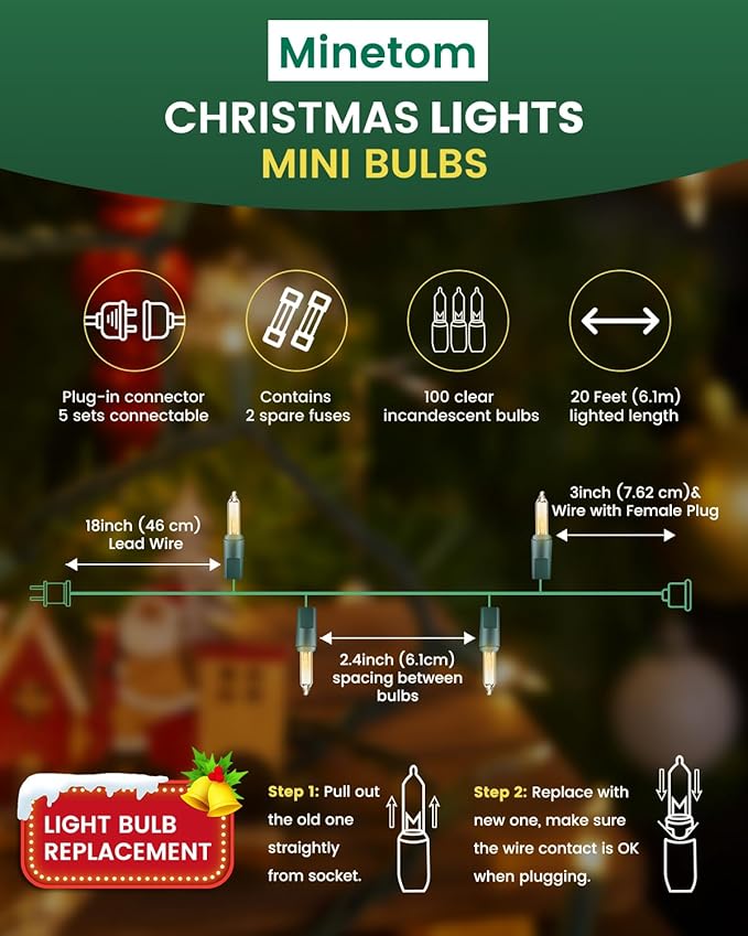 Minetom 100 Count 20 Feet Christmas String Lights, Incandescent Bulb Mini Lights - Image 3