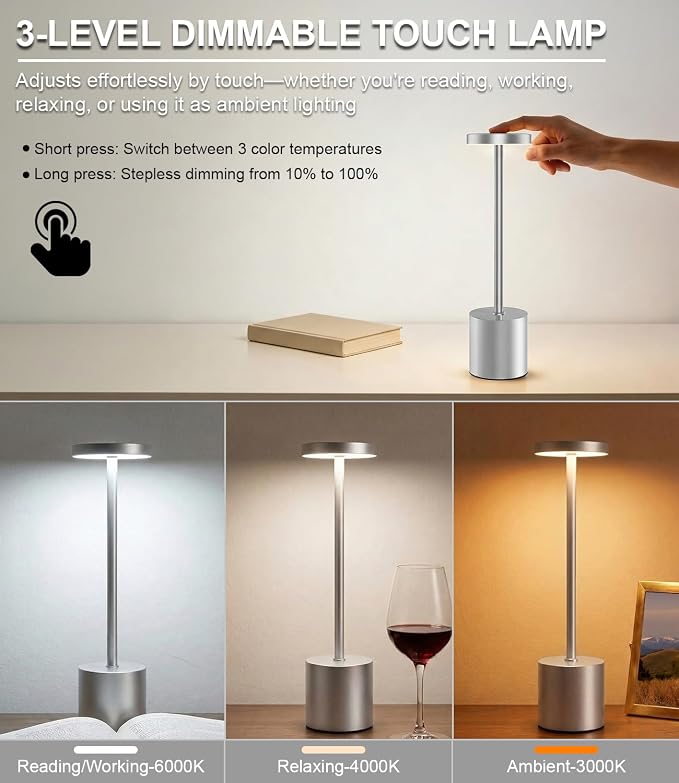 Silver Cordless Table Lamp Rechargeable - Image 5