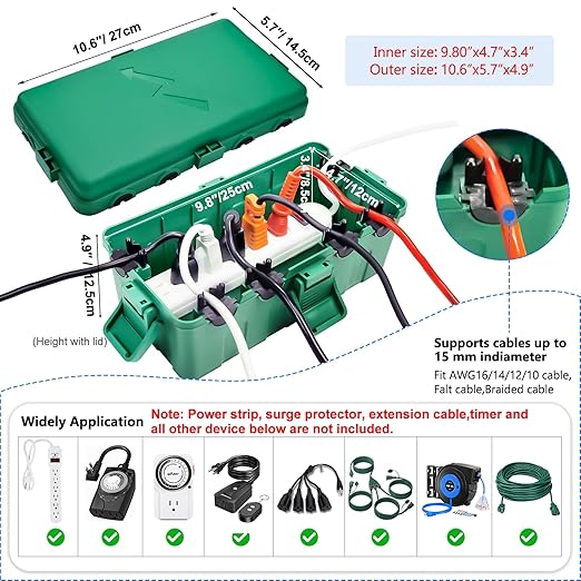 Hrensaw Medium Outdoor Electrical Box, IP54 Waterproof Extension Cord Cover w/6 - Image 2