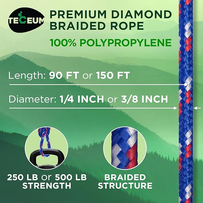 TECEUM Rope – 90 Feet x 1/4 Inch – Patriot Mix – Strong All-Purpose Utility - Image 2