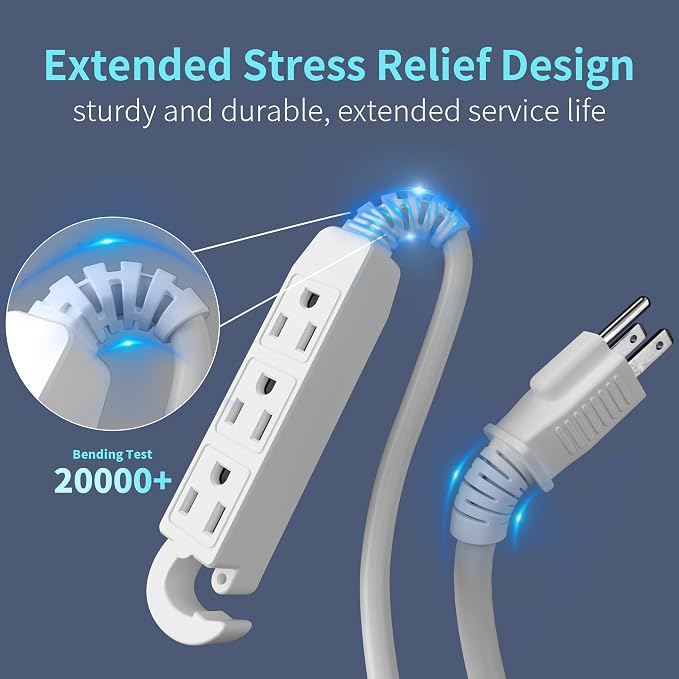 Energeaster 16/3 20Ft 3 Outlet Extension Cord Indoor, Outdoor White Extension - Image 3