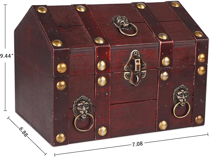 SICOHOME Large Treasure Chest 9.4“x6.9”x7“ Wooden Pirate Treasure Box - Image 6