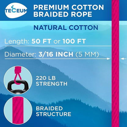 TECEUM Cotton Rope 3/16” – 50 FT – Strong All-Purpose Braided Rope – Natural - Image 2