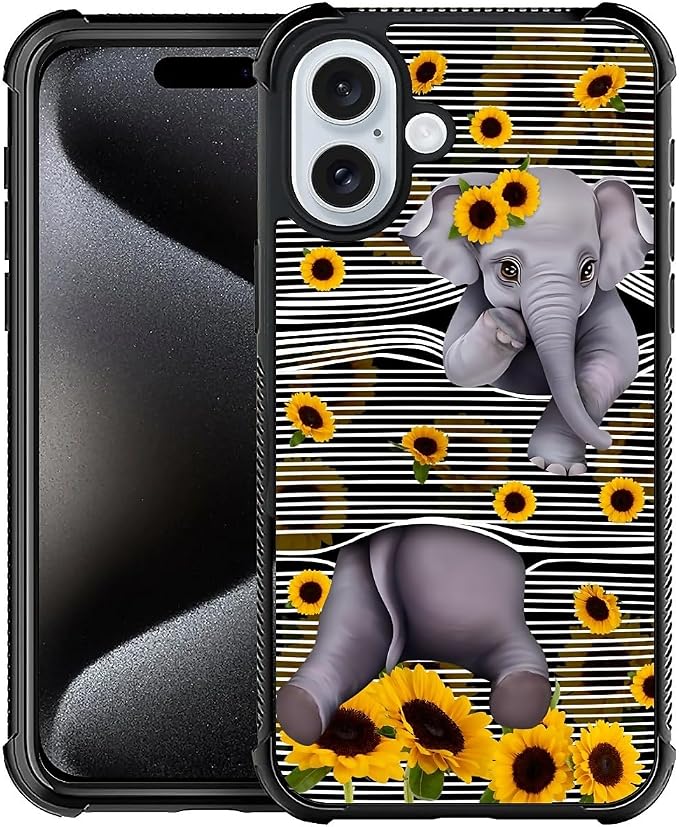 for iPhone 16 Case, Cute Little Elephant Sunflower White Line Art Pattern by FKBRCL4U