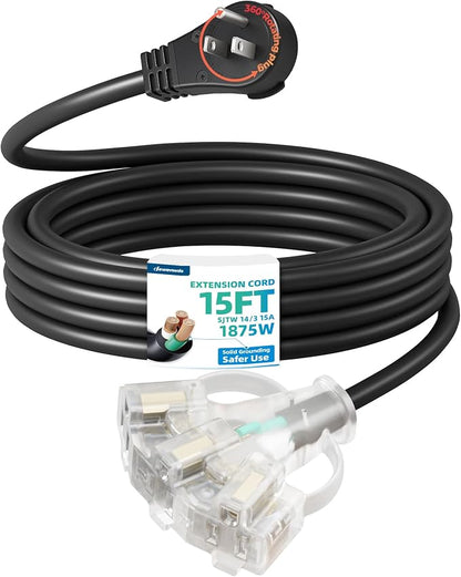 DEWENWILS 360° Rotating Flat Plug Extension Cord 15FT, 14/3 Gauge 3 Prong by DEWENWILS