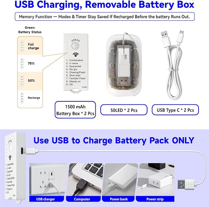 HXWEIYE Rechargeable Fairy Lights Battery Operated, DIY Timer & 8 Modes - Image 6
