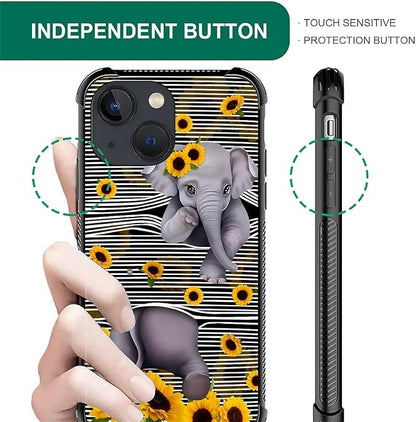 for iPhone 14 Case, Cute Little Elephant Sunflower White Line Art Pattern - Image 3