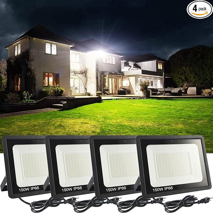 4Pack LED Flood Light Outdoor, 150W LED Work Light 15500lmwith 6FT US Plug by MUCLUD