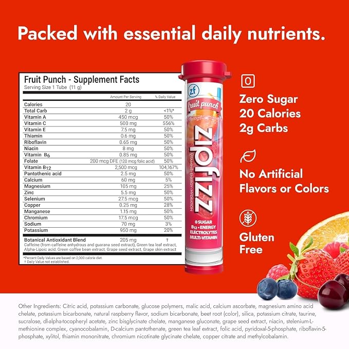 Zipfizz Daily Energy Drink Powder, Fruit Punch, 20 Pack 3-in-1 Sustained Energy - Image 2