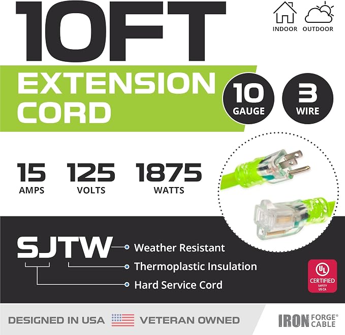 Iron Forge Cable 10 Gauge Extension Cord 10 ft, 10/3 Heavy Duty Extension Cord - Image 2