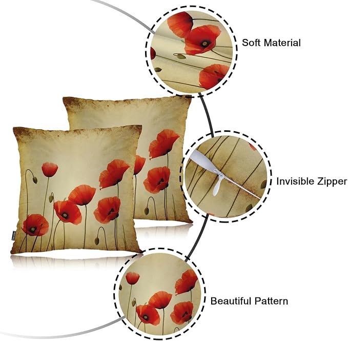 Swono Poppies Throw Pillow Cases, Grunge Poppy Flower Field Set of 2 Decorative - Image 7