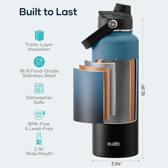 BUZIO Water Bottle with Straw Lid and Flex Cap, 40oz Double Vacuum Stainless - Image 4