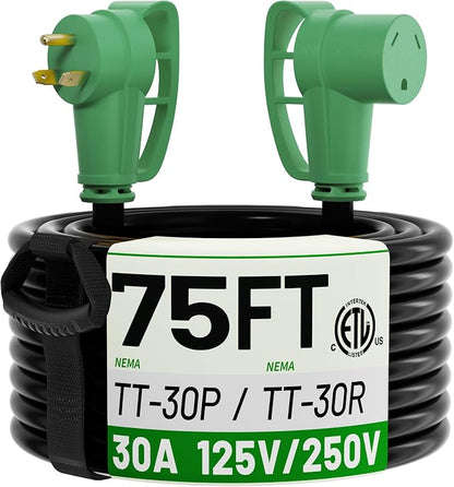 POWGRN NEMA TT-30P to NEMA TT-30R 75 FT 30 Amp RV Extension Cord Outdoor by POWGRN
