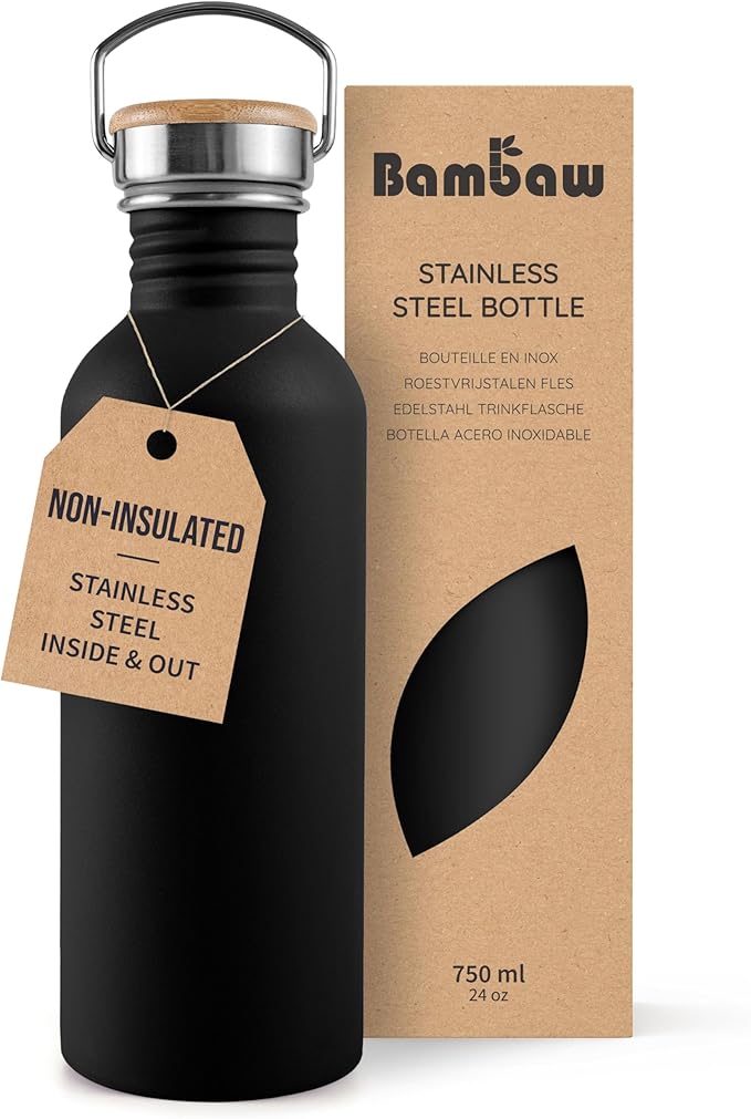 Bambaw Metal Water Bottle 24 oz, Non-insulated Black Water Bottle Metal by Bambaw