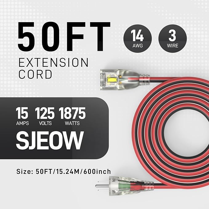 50FT Medium Duty Outdoor Extension Cords, 14/3 Gauge Electrical Wire Cable - Image 2