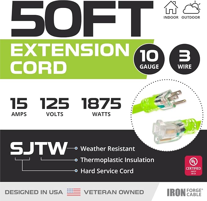Iron Forge Cable 10 Gauge Extension Cord 50 ft, 10/3 Heavy Duty Extension Cord - Image 2