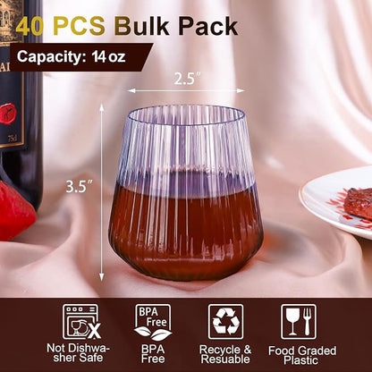 Lueumxc 40 Pack Plastic Ribbed Wine Glasses, 14Oz Origami Disposable Wine - Image 2
