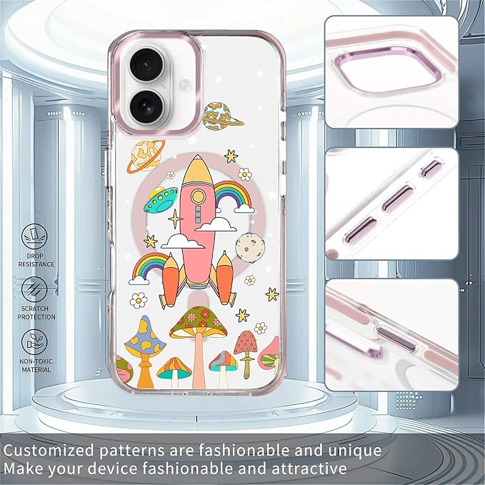 Case for iPhone 16 Plus, Spaceship Mushroom Phone Case Design，for Women Girls - Image 2