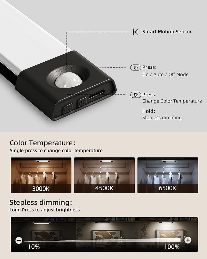 EZVALO Under Cabinet Lighting, Wireless Closet Lights, 30 LED Rechargeable - Image 4