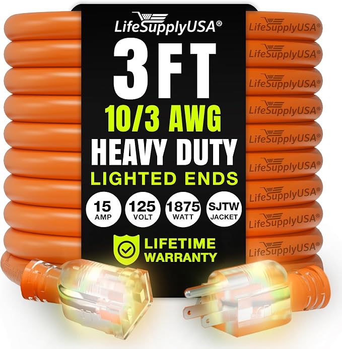 3ft Outdoor/Indoor Extension Cord 10/3 Gauge Ultra Heavy Duty 3 Prong SJTW by LifeSupplyUSA