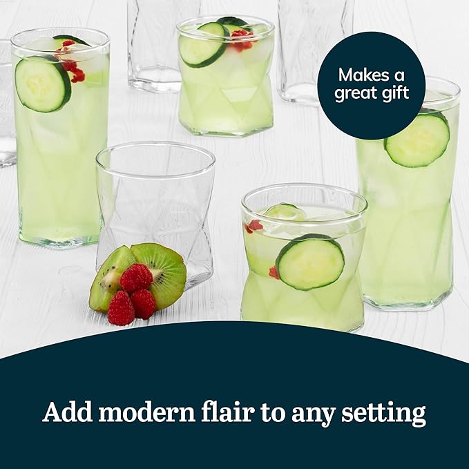 Libbey Rhombus Tumbler and Rocks Drinking Glasses Set of 16, Fun Geometric - Image 5