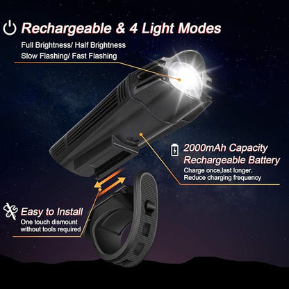 Ascher Ultra Bright USB Rechargeable Bike Light Set, Powerful Bicycle Front - Image 2
